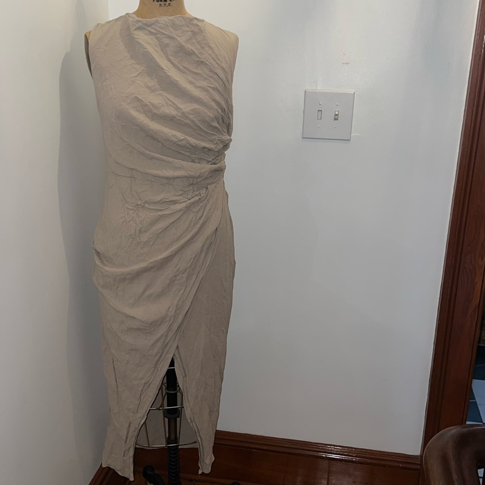 ASOS DESIGN Tan Linen Sleeveless Rusched 3/4 Length Dress 10